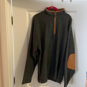 Orvis charcoal quarter zip with leather trim.